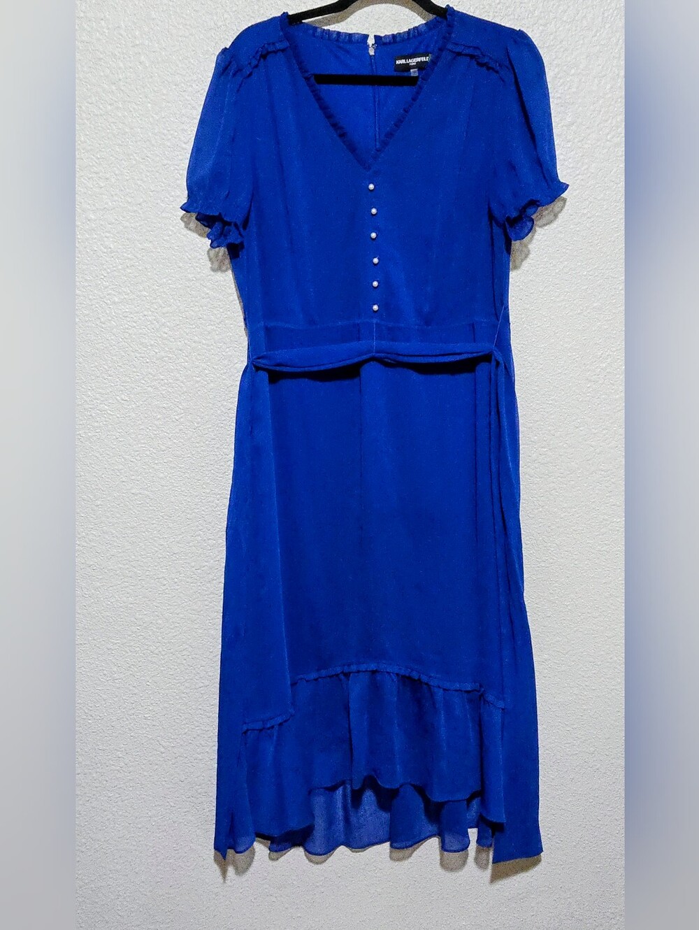 Karl Lagerfeld Royal Blue Midi Dress - Pearls Ruffle Accents - High Low- Size 14